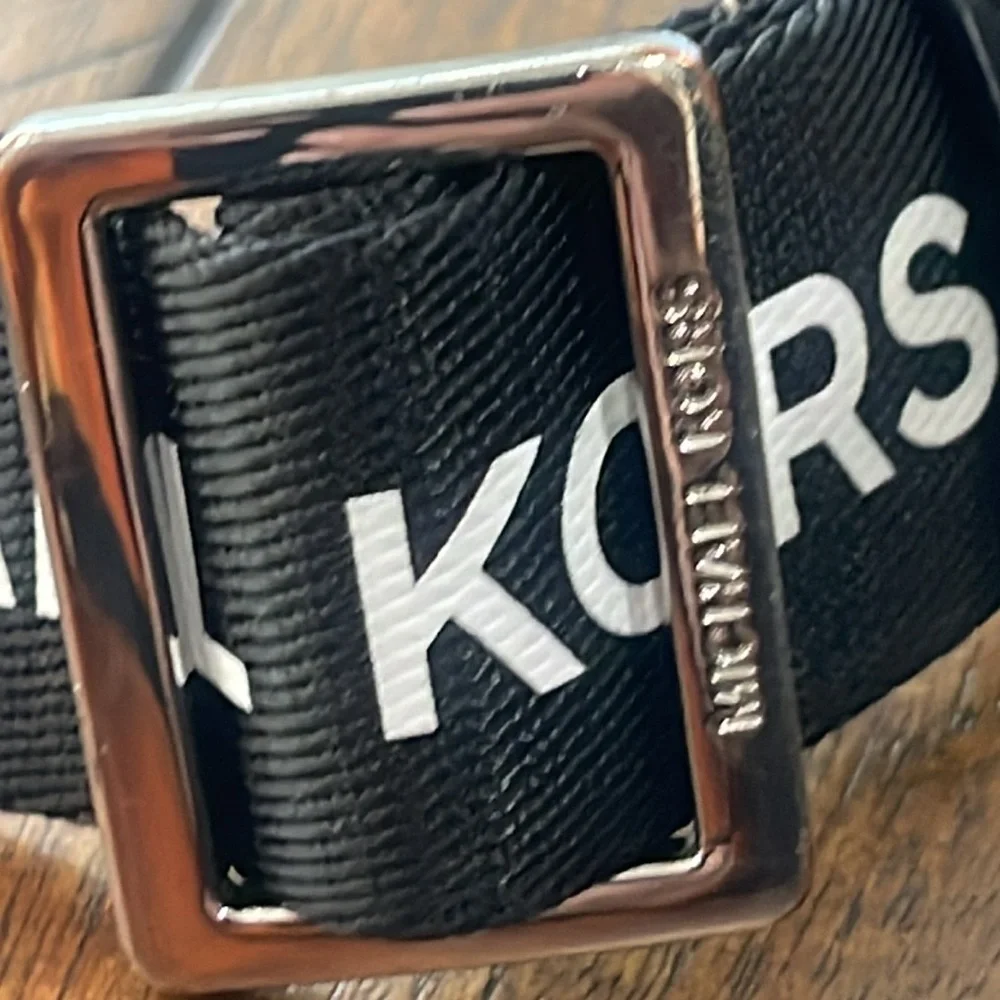 Michael Kors black white nylon camera crossbody bag webbing logo strap